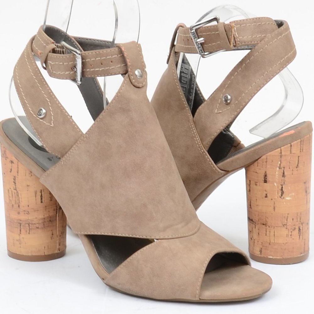 G by Guess Size 10 Cork Cylinder Ankle Wrap Taupe Vegan Leather Sandal Heels